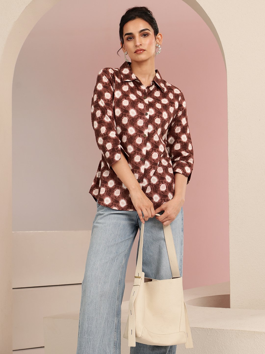 Brown Printed Cotton Shirt with Short Sleeves