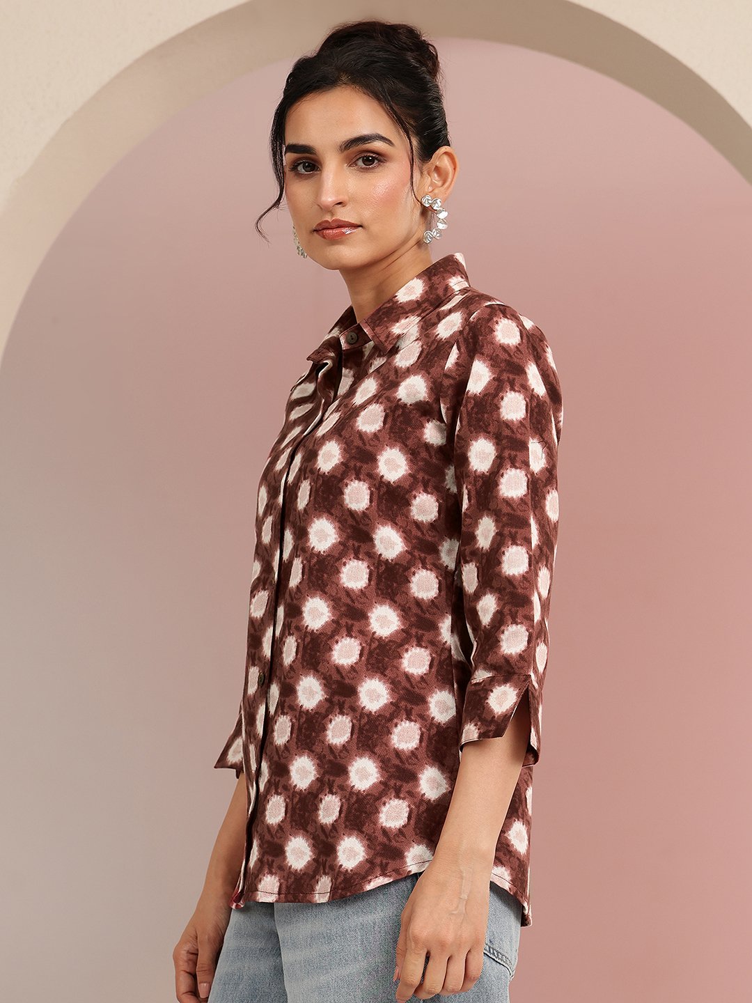 Brown Printed Cotton Shirt with Short Sleeves