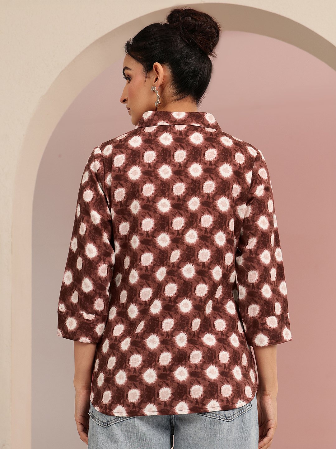 Brown Printed Cotton Shirt with Short Sleeves