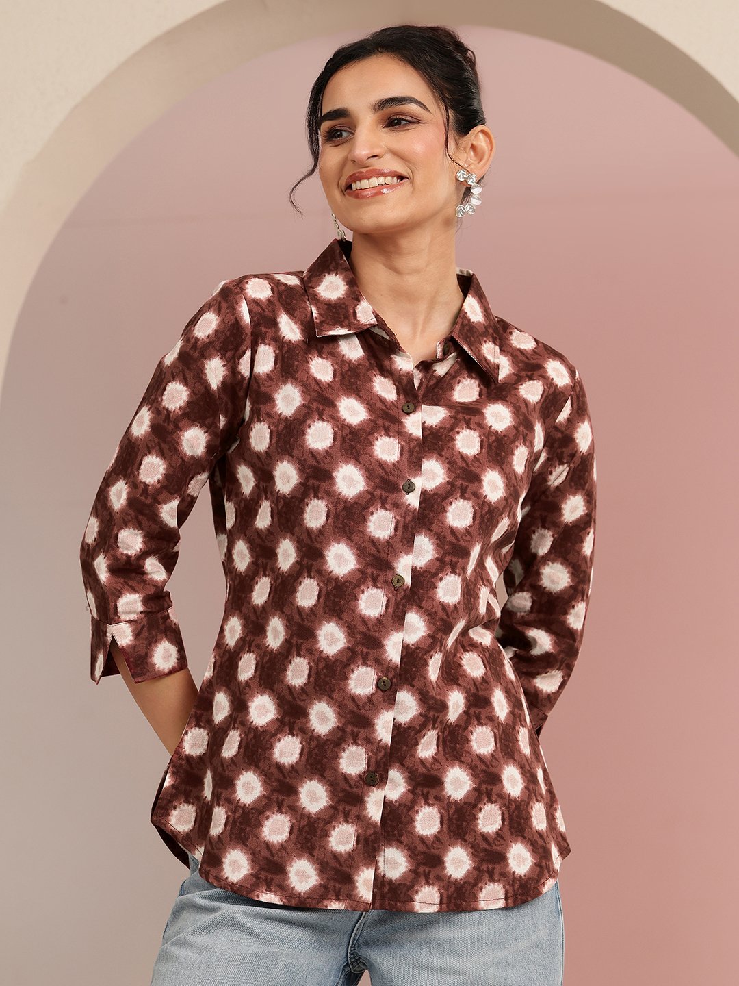 Brown Printed Cotton Shirt with Short Sleeves
