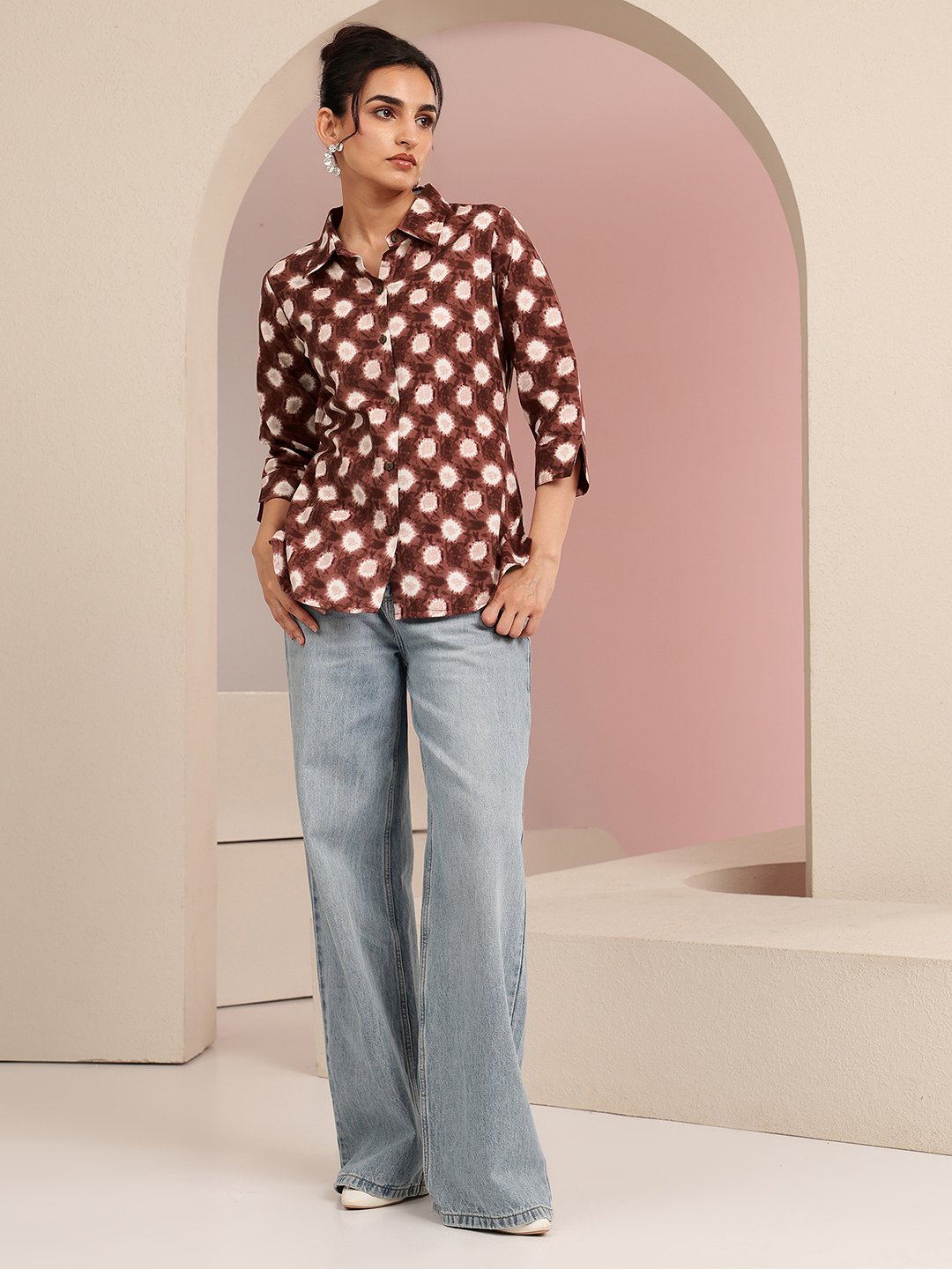 Brown Printed Cotton Shirt with Short Sleeves