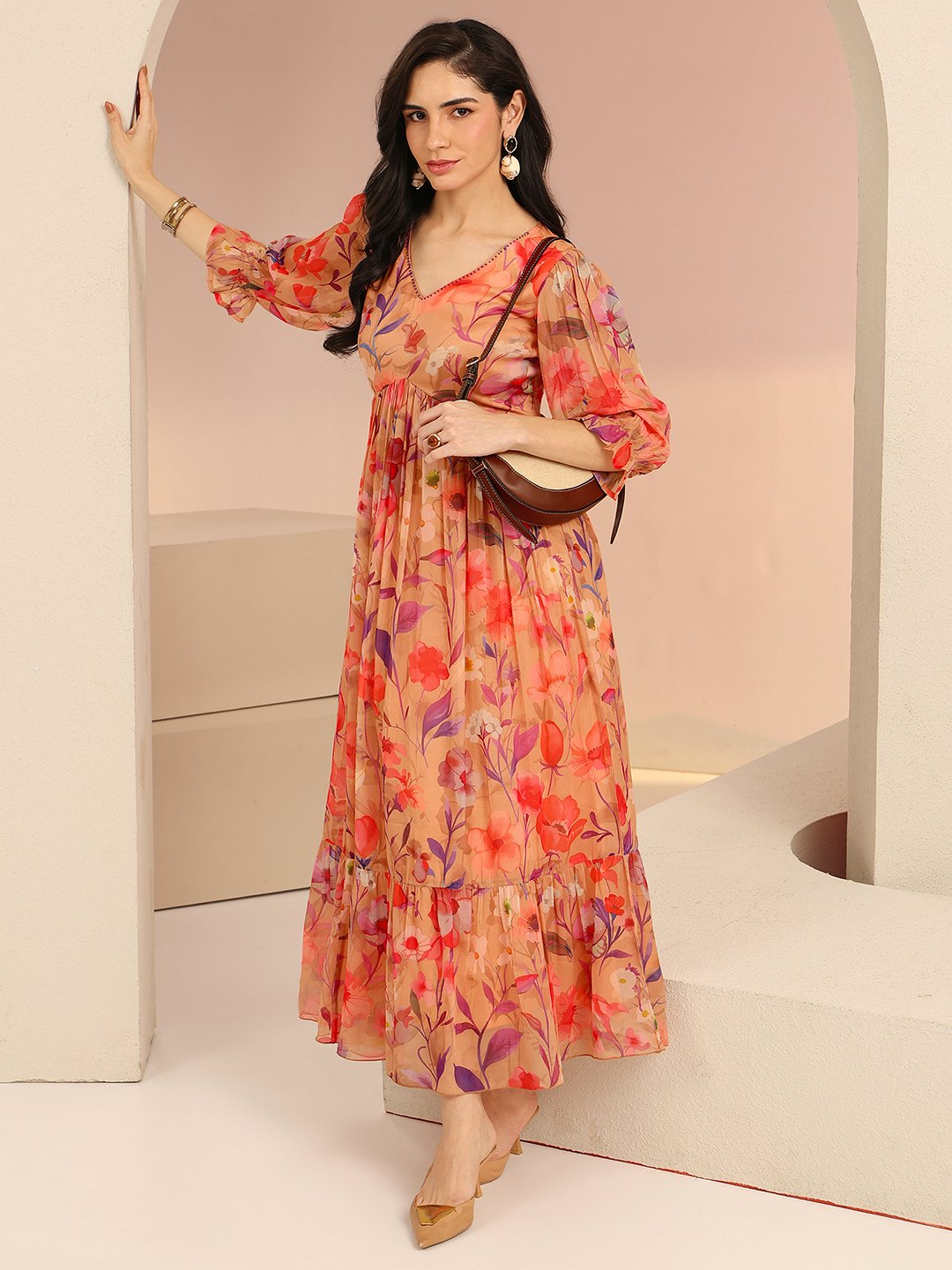 Multi Floral Maxi A-Line Dress with 3/4 Sleeves