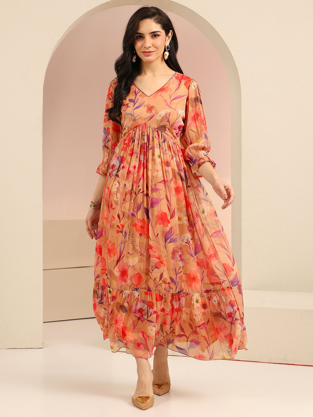 Multi Floral Maxi A-Line Dress with 3/4 Sleeves