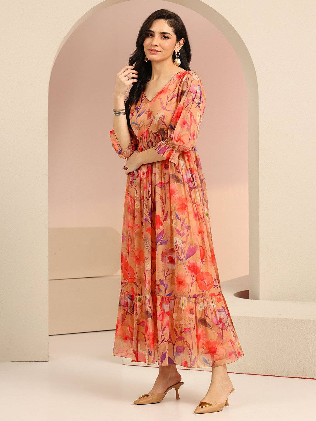 Multi Floral Maxi A-Line Dress with 3/4 Sleeves