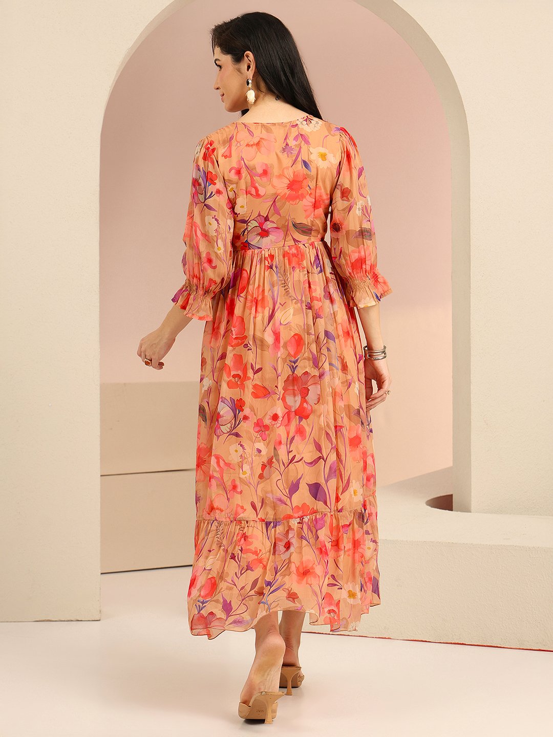 Multi Floral Maxi A-Line Dress with 3/4 Sleeves