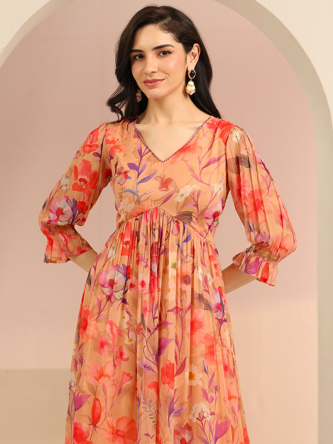 Multi Floral Maxi A-Line Dress with 3/4 Sleeves