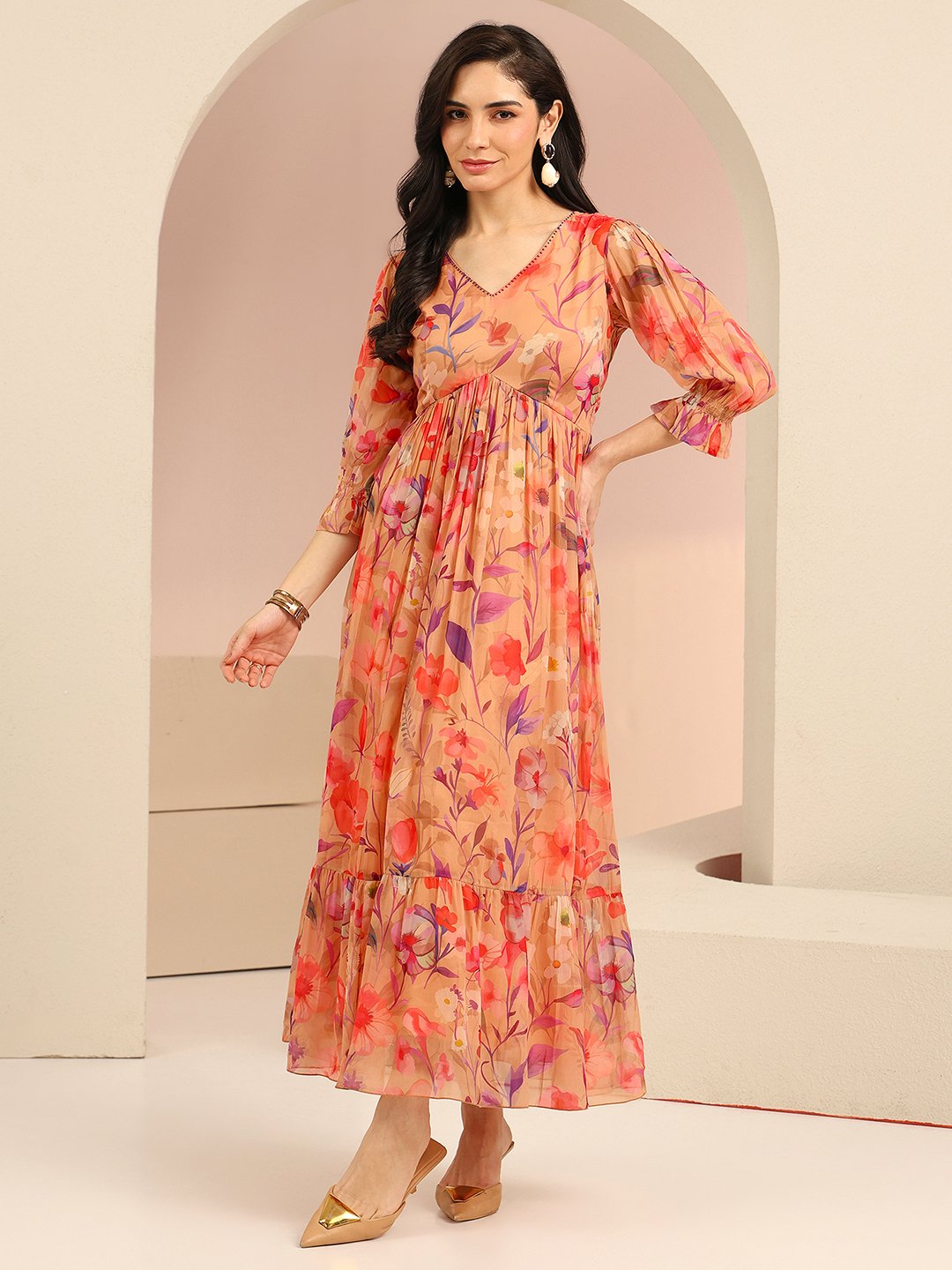 Multi Floral Maxi A-Line Dress with 3/4 Sleeves