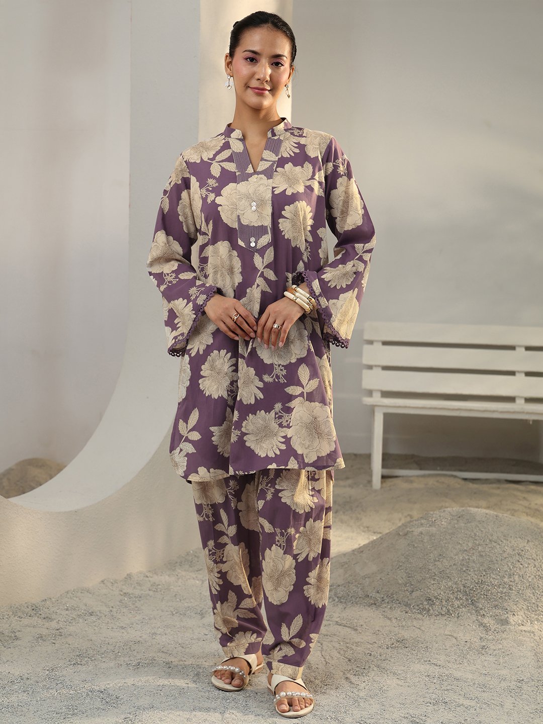 Purple Floral Cotton Co-ord Set with Mandarin Collar