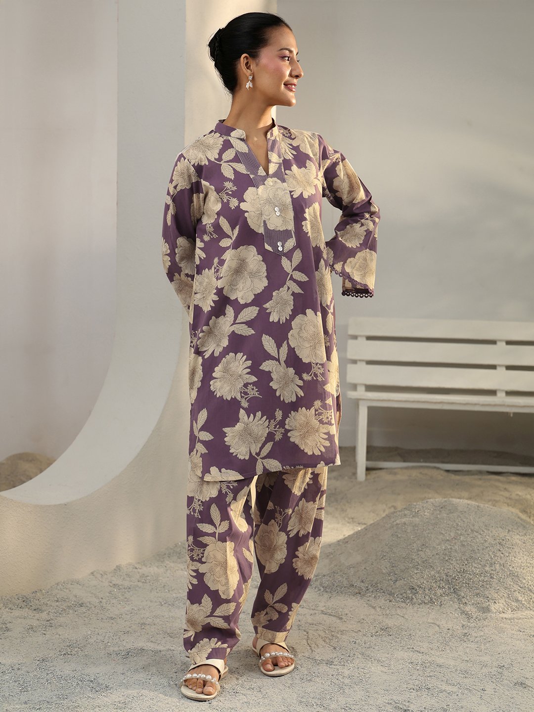 Purple Floral Cotton Co-ord Set with Mandarin Collar