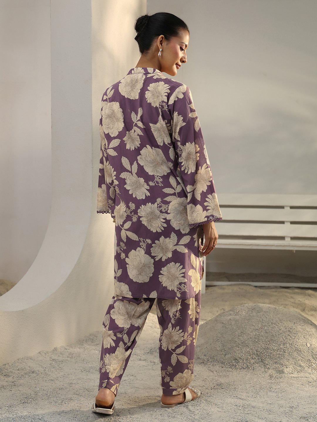 Purple Floral Cotton Co-ord Set with Mandarin Collar