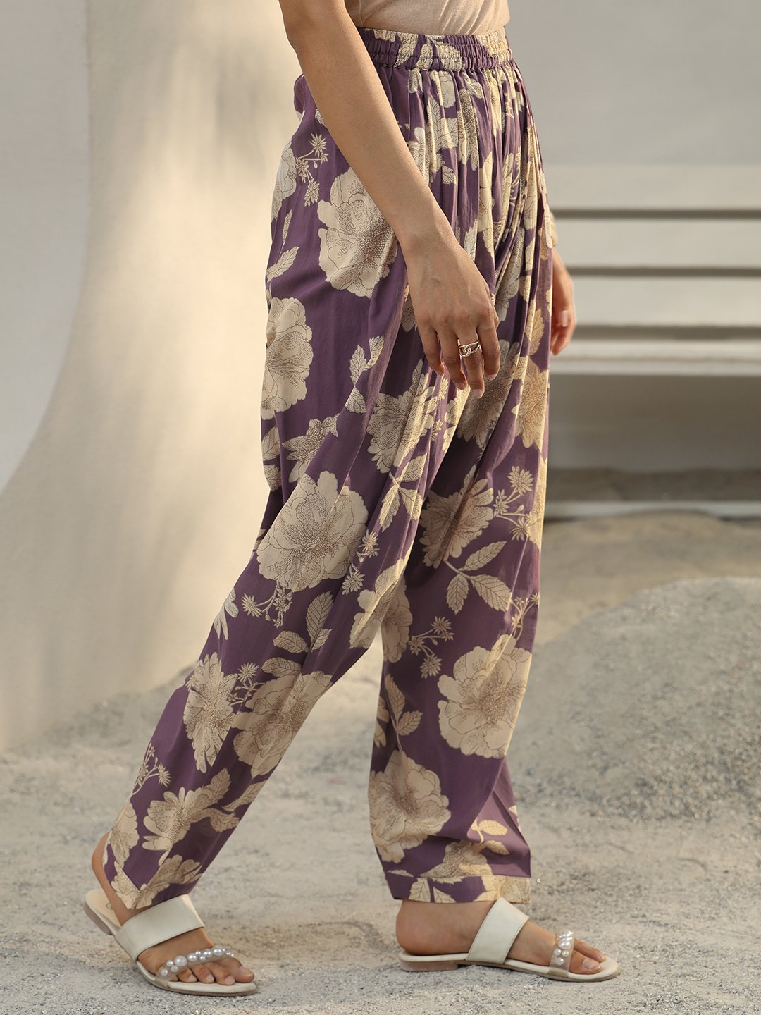 Purple Floral Cotton Co-ord Set with Mandarin Collar