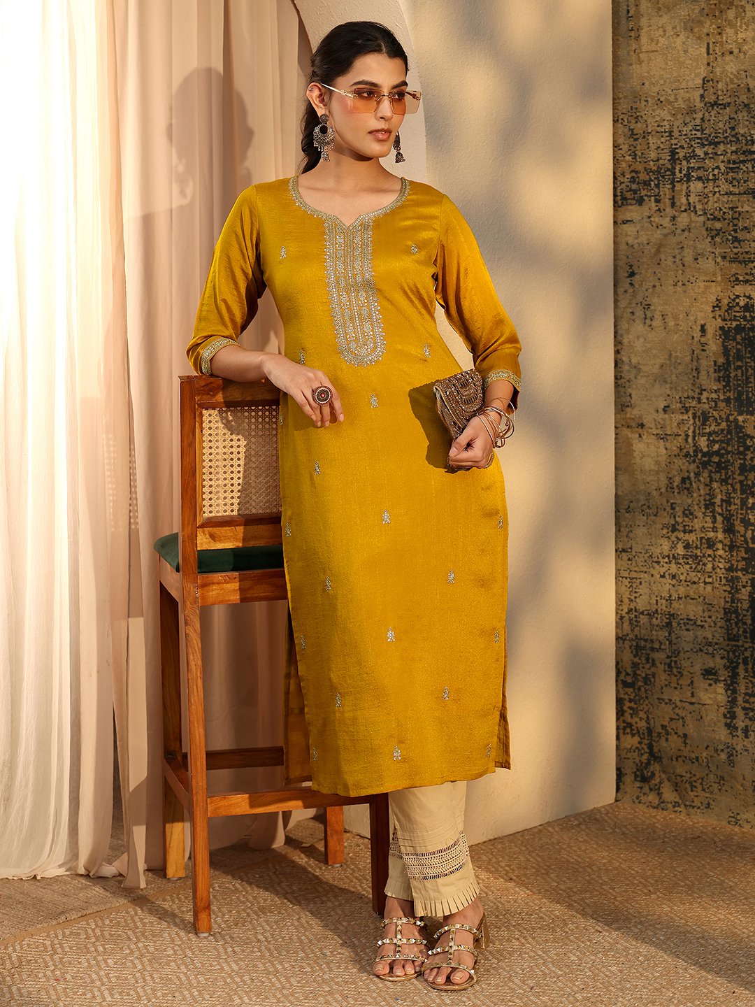 Mustard Silk Blend Embroidered Straight Kurta with Sweetheart Neck