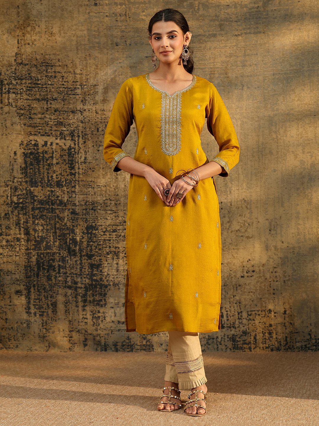 Mustard Silk Blend Embroidered Straight Kurta with Sweetheart Neck