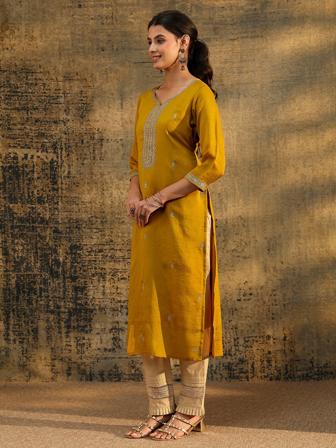 Mustard Silk Blend Embroidered Straight Kurta with Sweetheart Neck