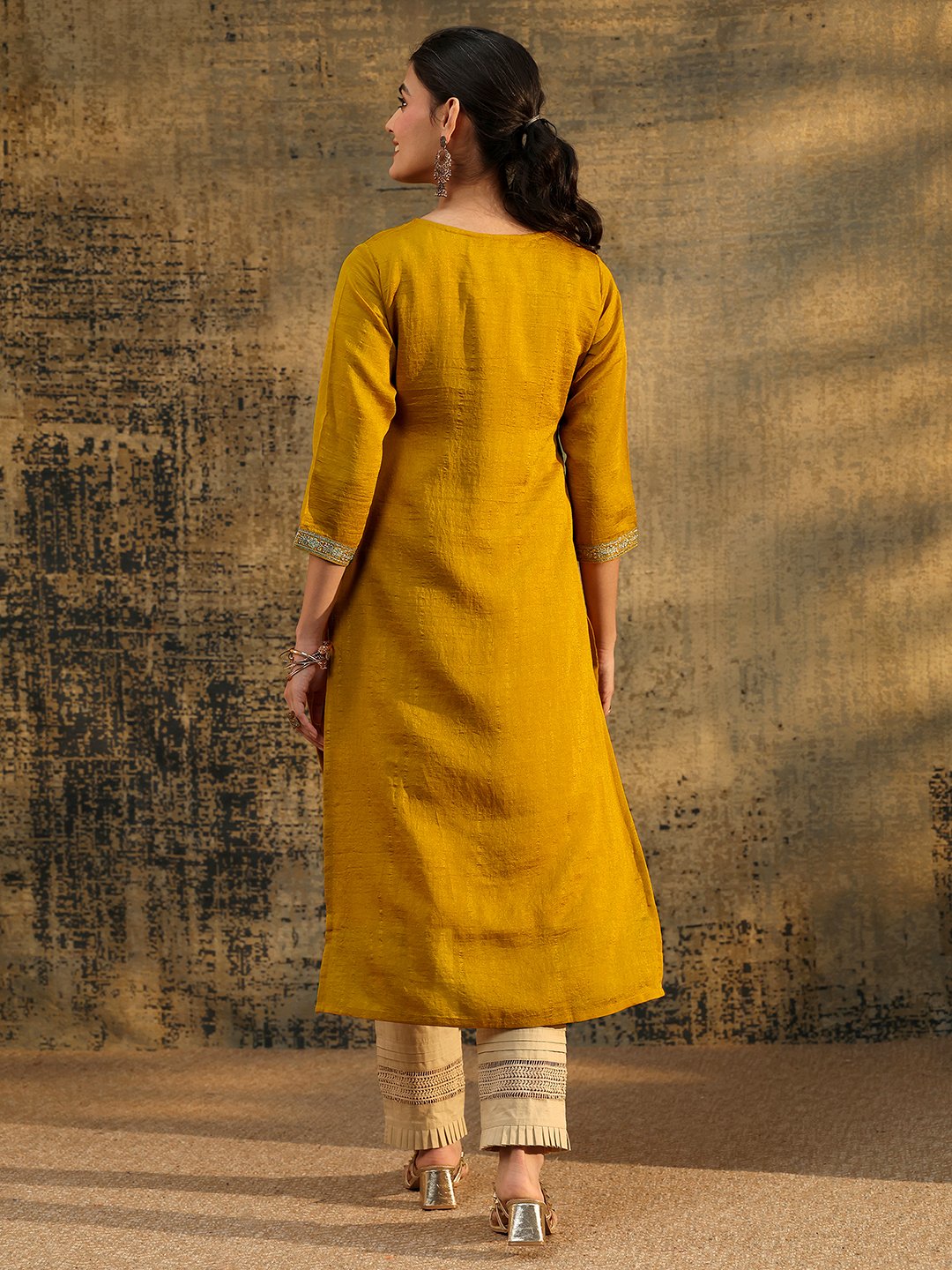 Mustard Silk Blend Embroidered Straight Kurta with Sweetheart Neck