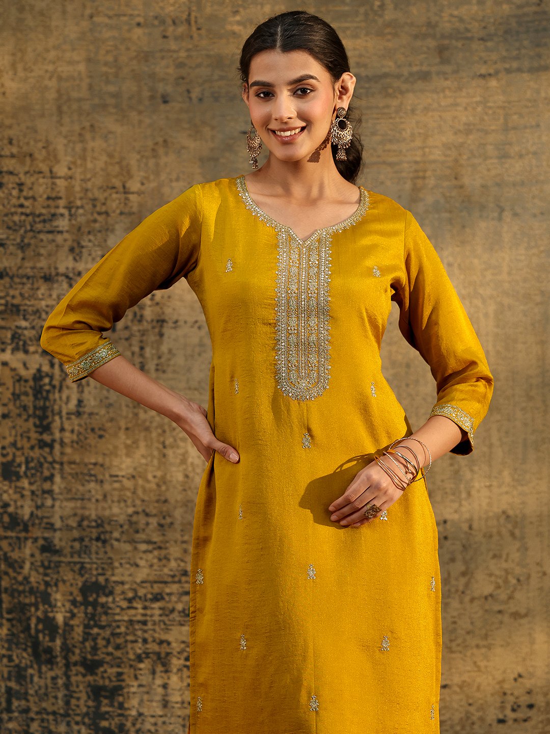 Mustard Silk Blend Embroidered Straight Kurta with Sweetheart Neck