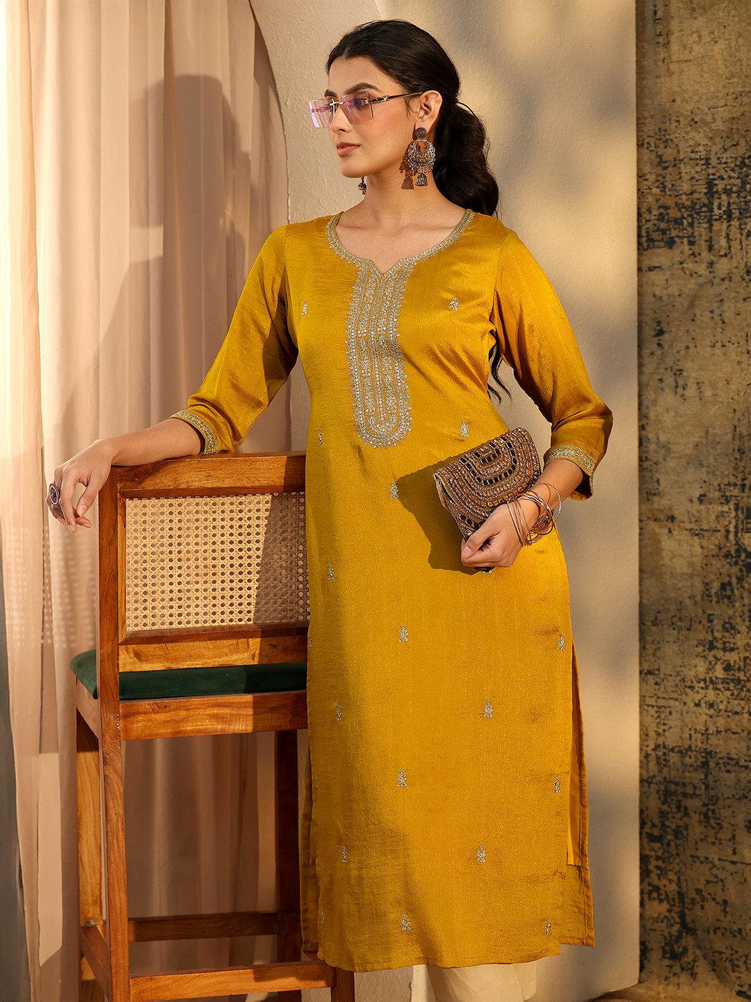 Mustard Silk Blend Embroidered Straight Kurta with Sweetheart Neck