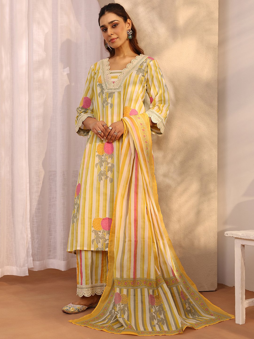 Yellow Printed Cotton A-Line Kurta Set with Dupatta