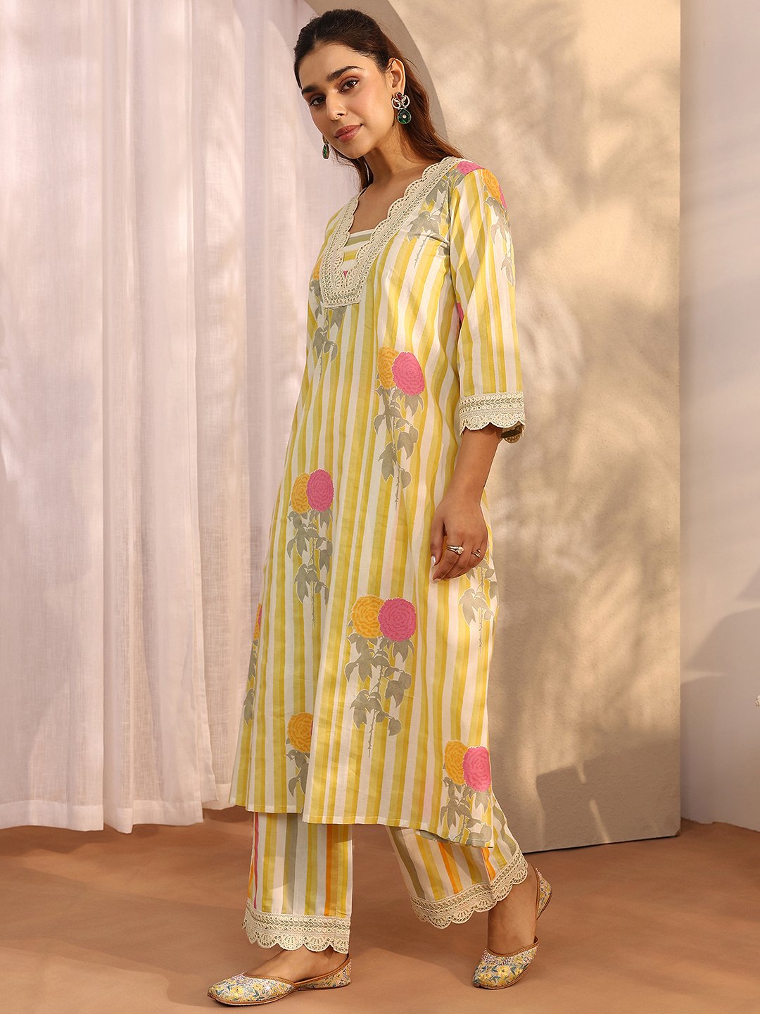 Yellow Printed Cotton A-Line Kurta Set with Dupatta