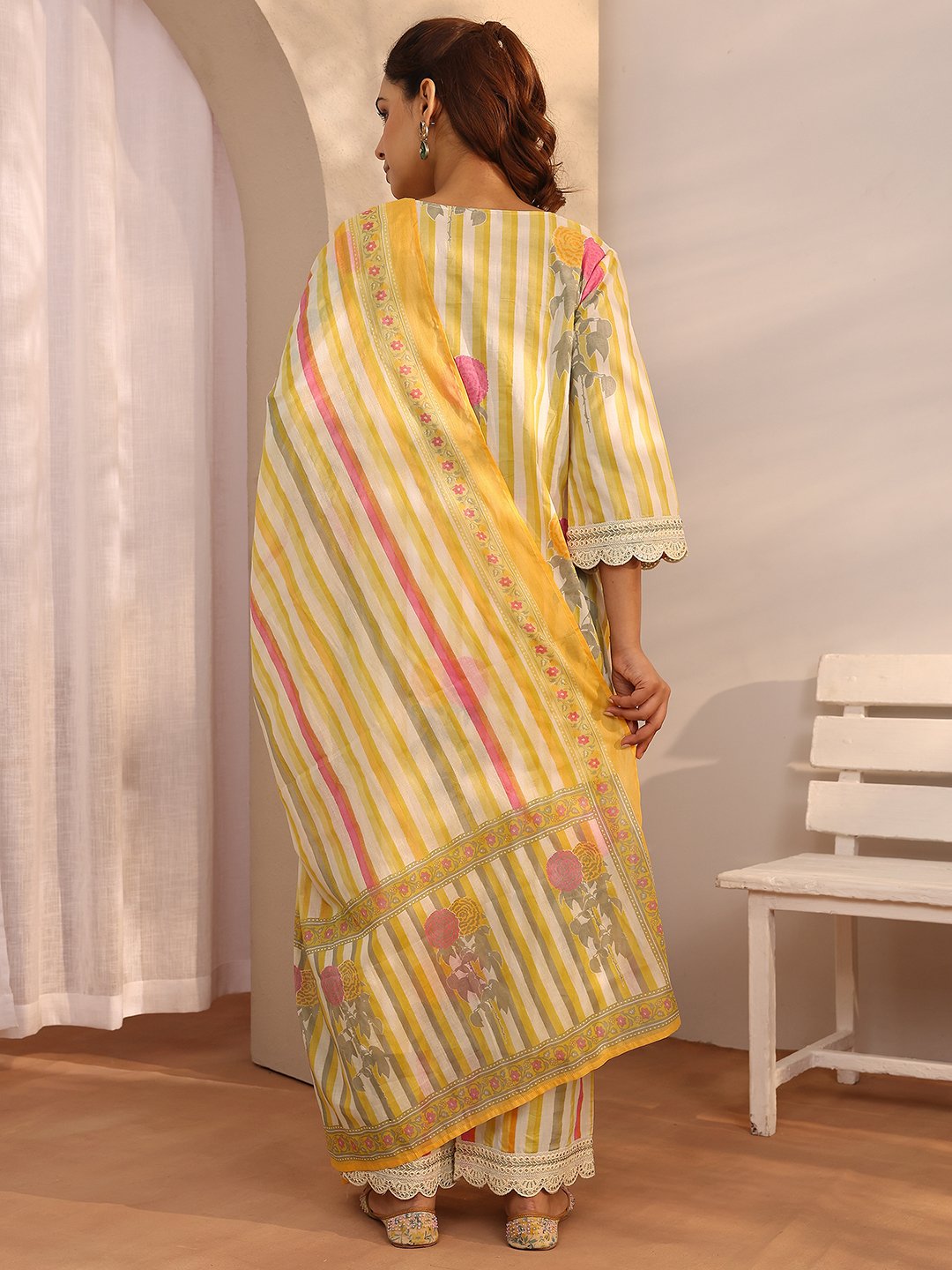 Yellow Printed Cotton A-Line Kurta Set with Dupatta