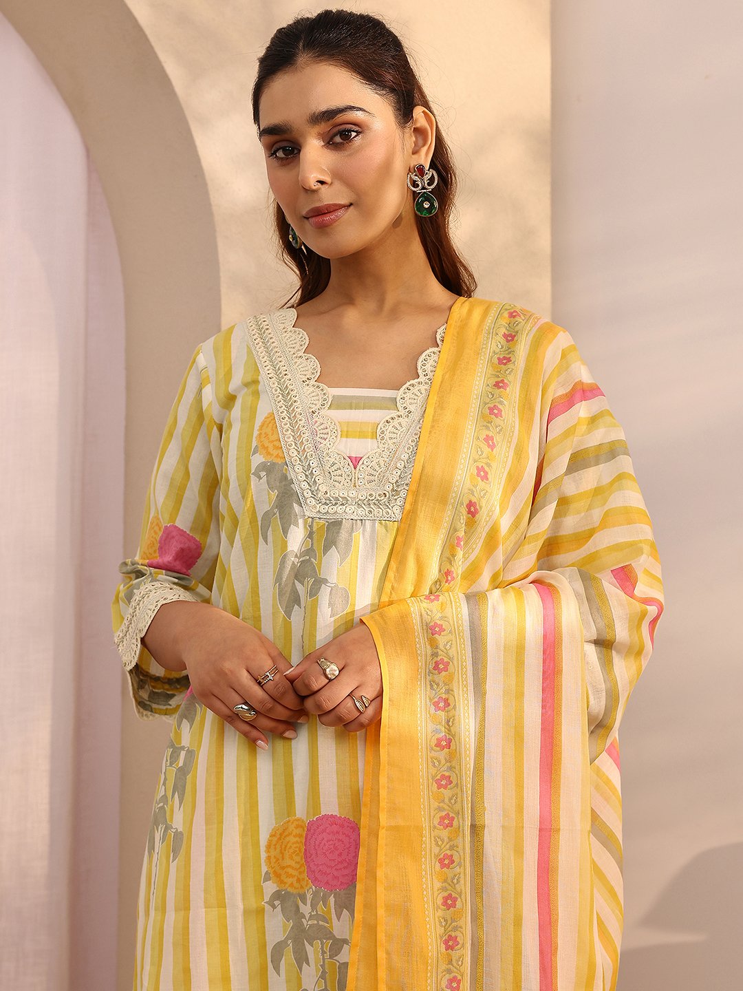 Yellow Printed Cotton A-Line Kurta Set with Dupatta