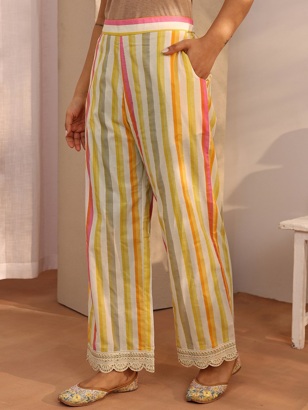 Yellow Printed Cotton A-Line Kurta Set with Dupatta