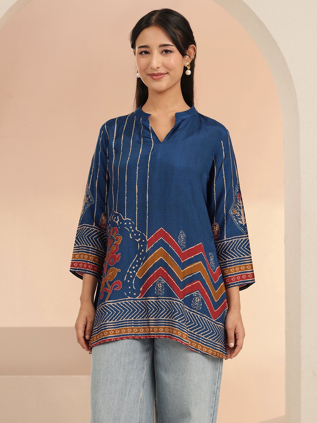 Blue Printed Muslin Straight Kurti with Mandarin Collar
