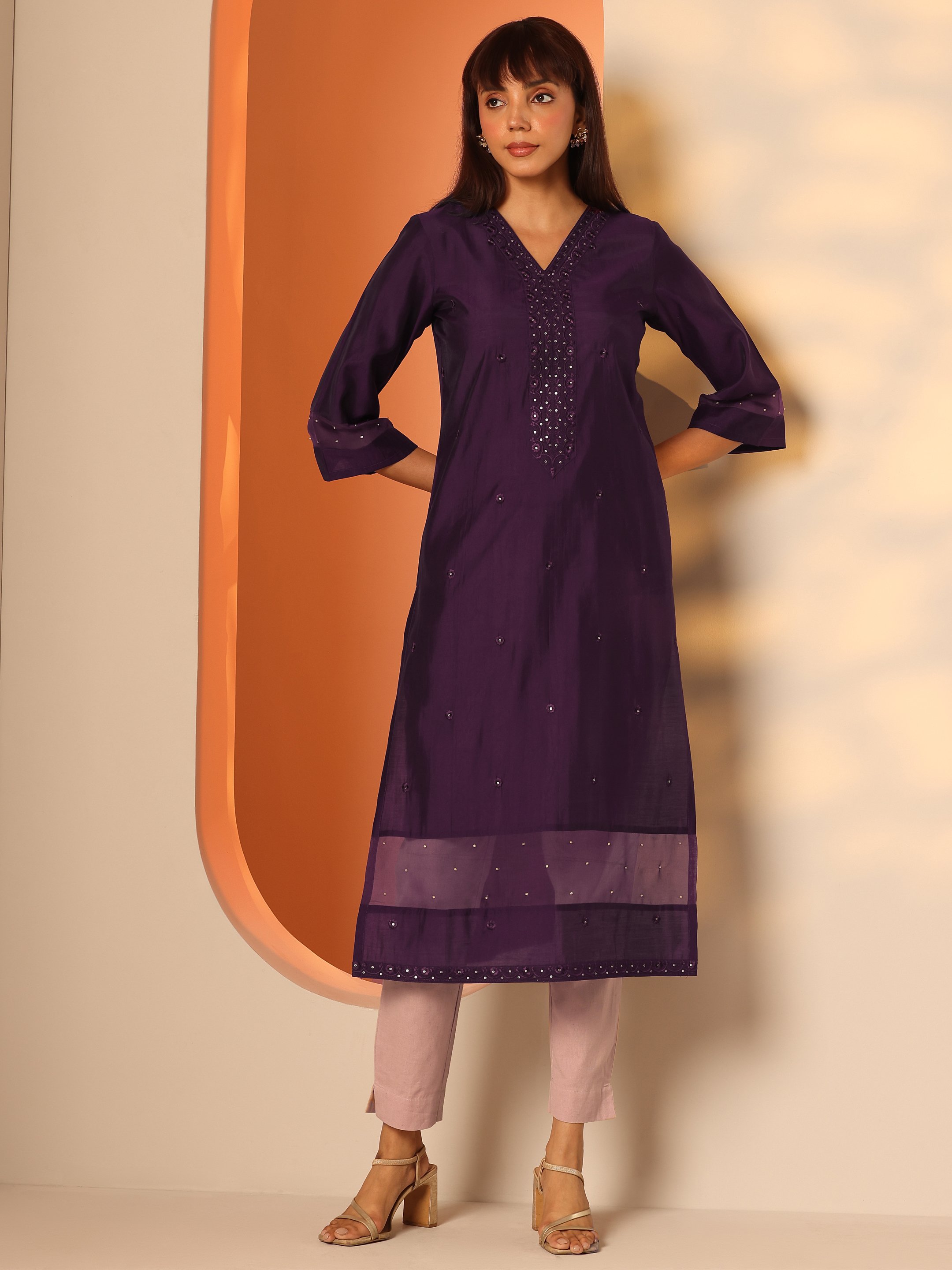 Burgundy Embroidered Silk Blend Straight Kurta with V-Neck