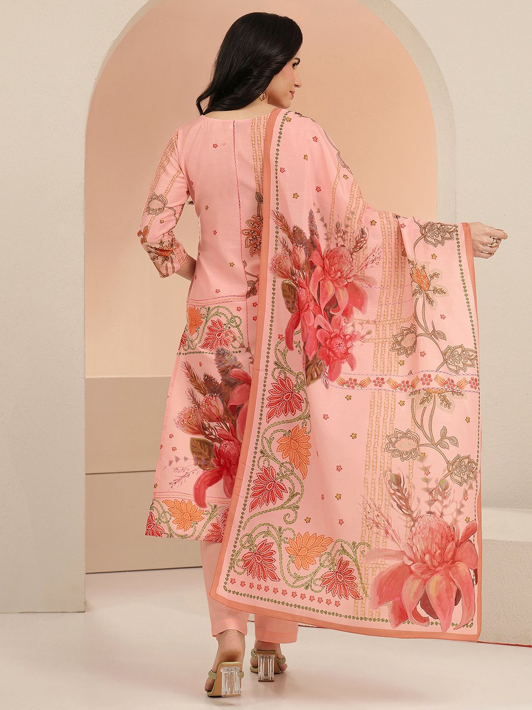 Pink Printed Muslin Kurta Set with Trousers and Dupatta