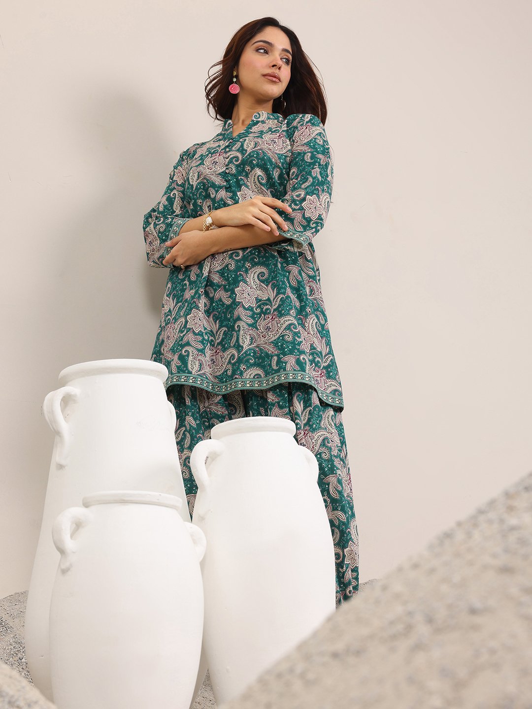 Teal Printed Cotton Co-ord Set with Mandarin Collar