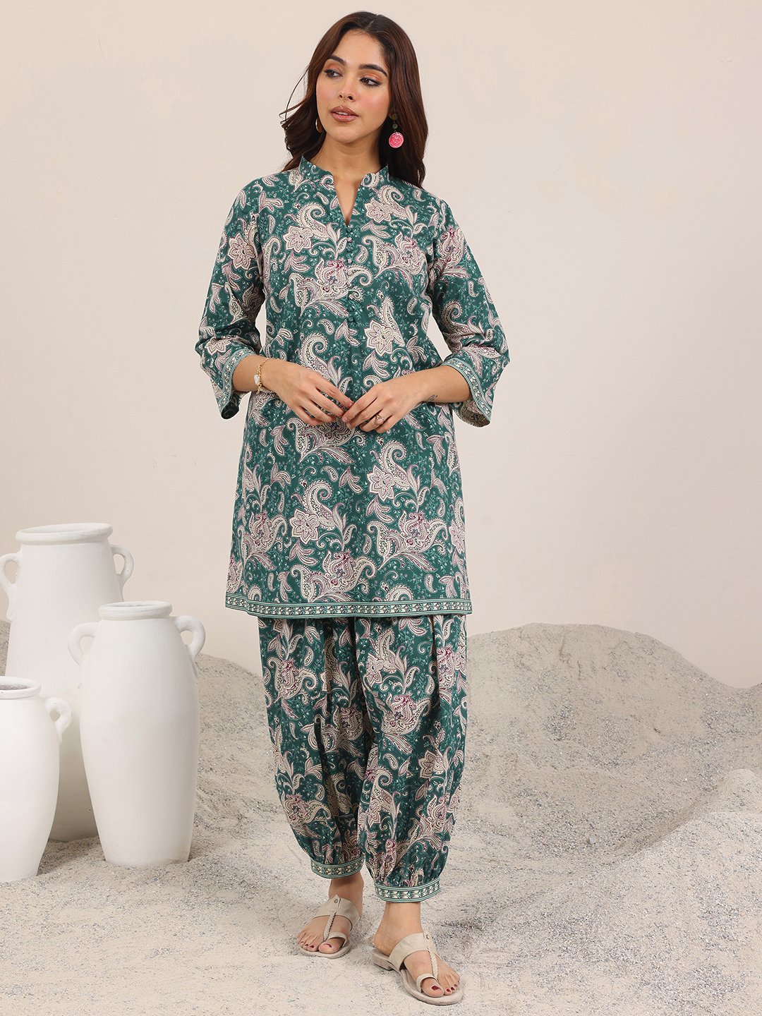 Teal Printed Cotton Co-ord Set with Mandarin Collar