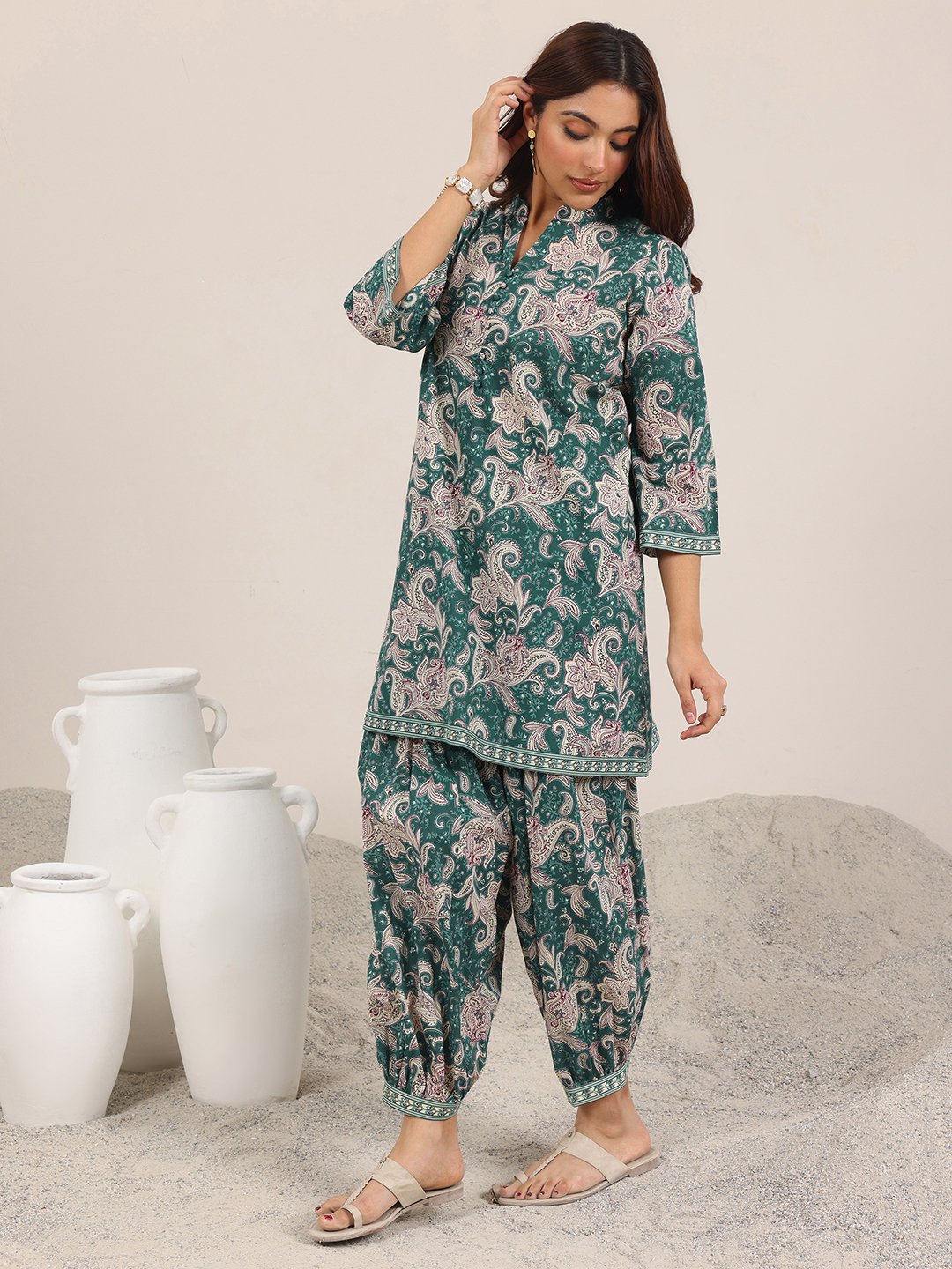 Teal Printed Cotton Co-ord Set with Mandarin Collar