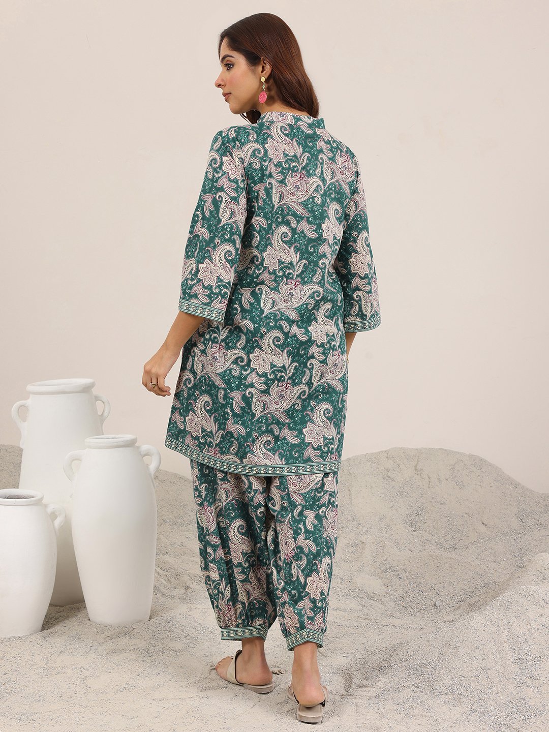 Teal Printed Cotton Co-ord Set with Mandarin Collar