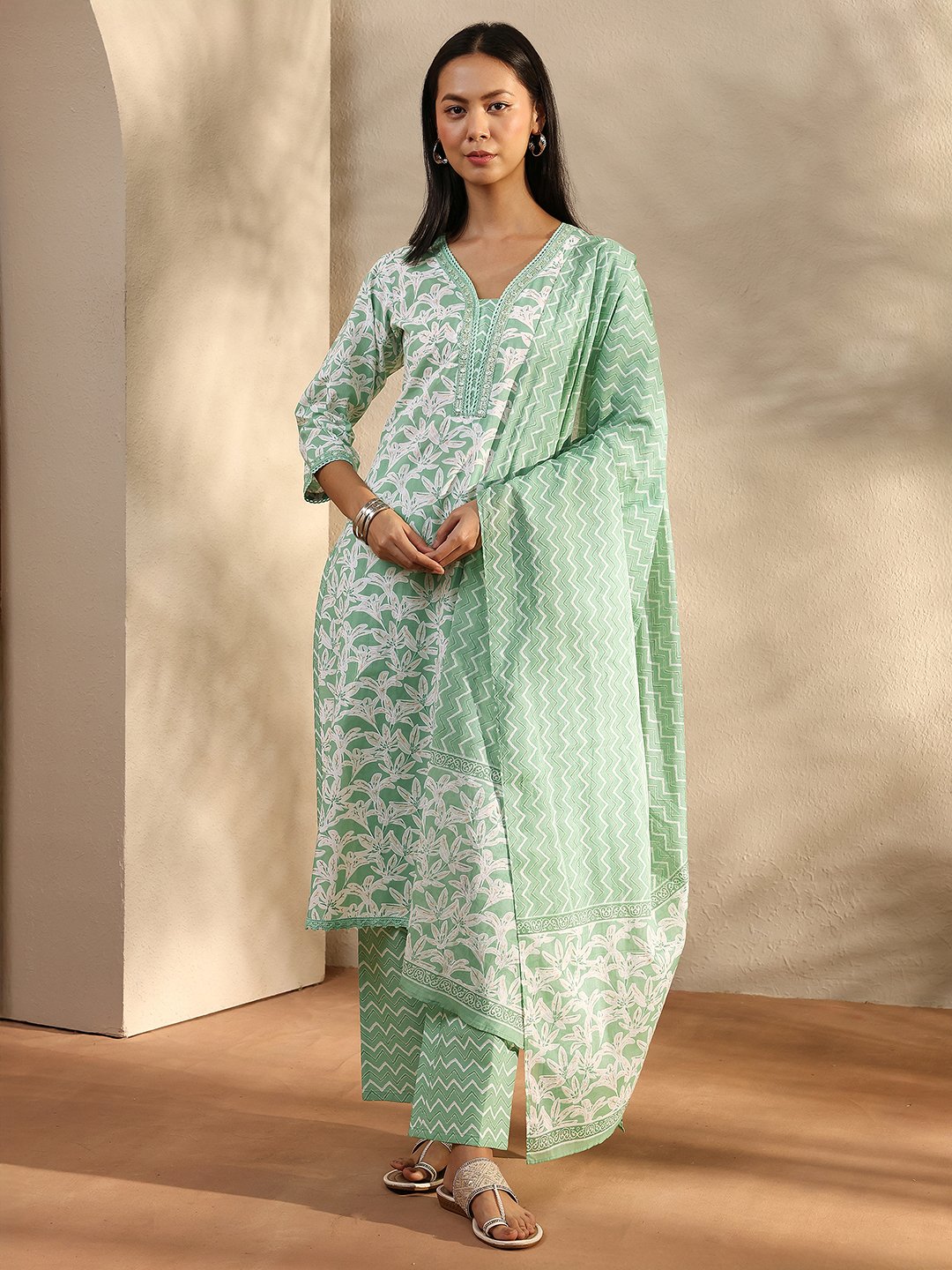 Green Printed Cotton V-Neck Kurta Set with Trousers and Dupatta