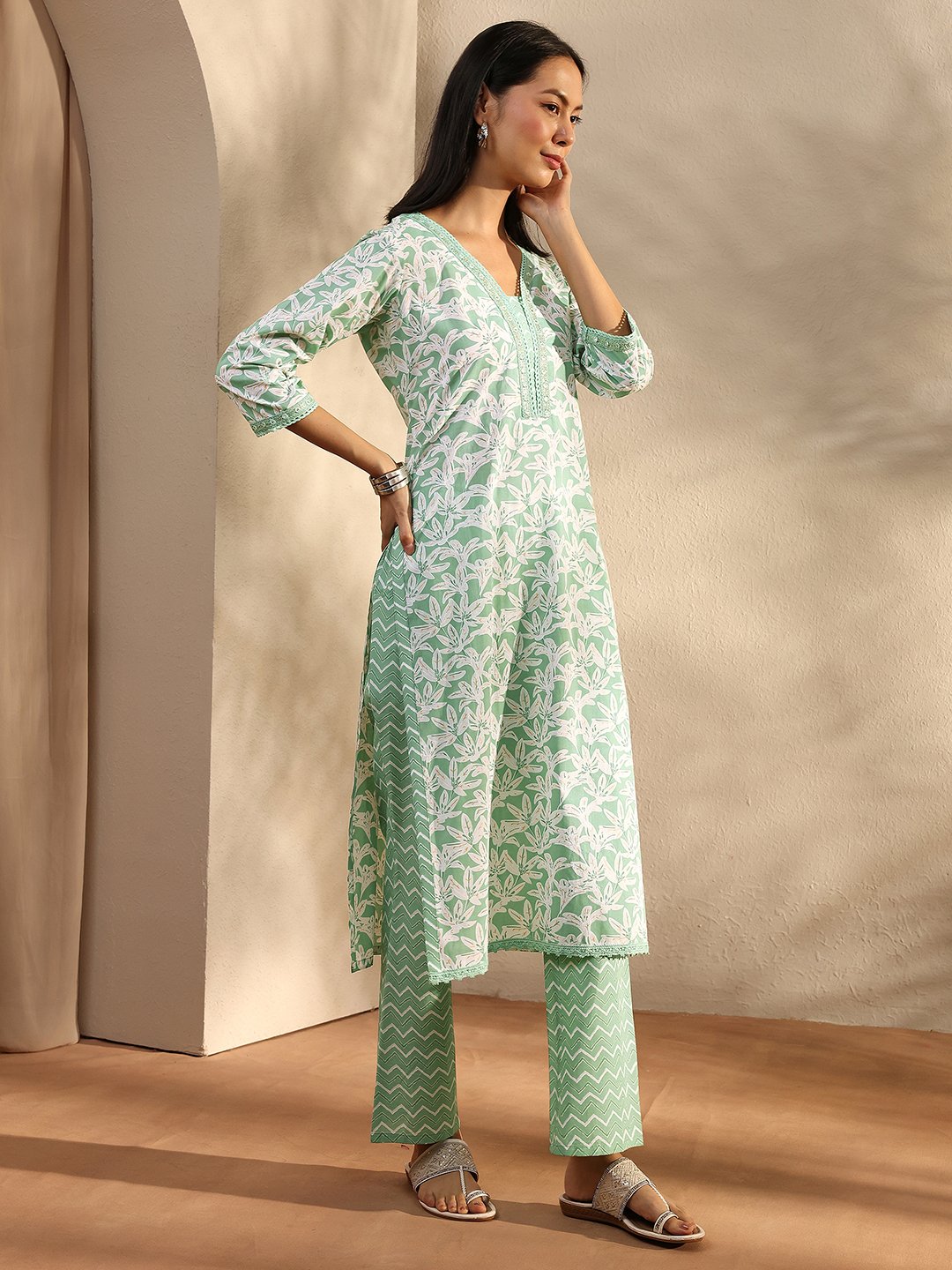 Green Printed Cotton V-Neck Kurta Set with Trousers and Dupatta