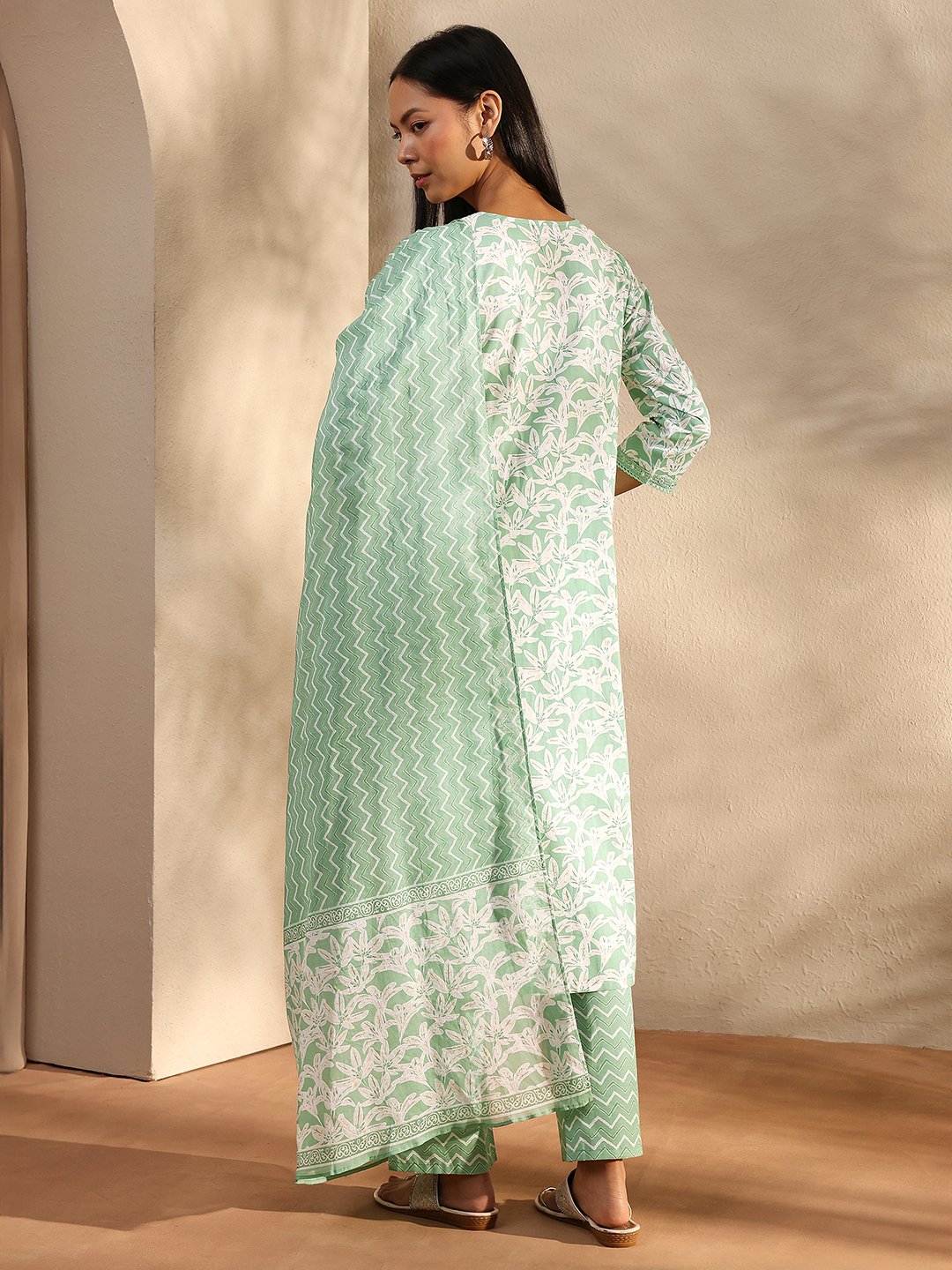 Green Printed Cotton V-Neck Kurta Set with Trousers and Dupatta