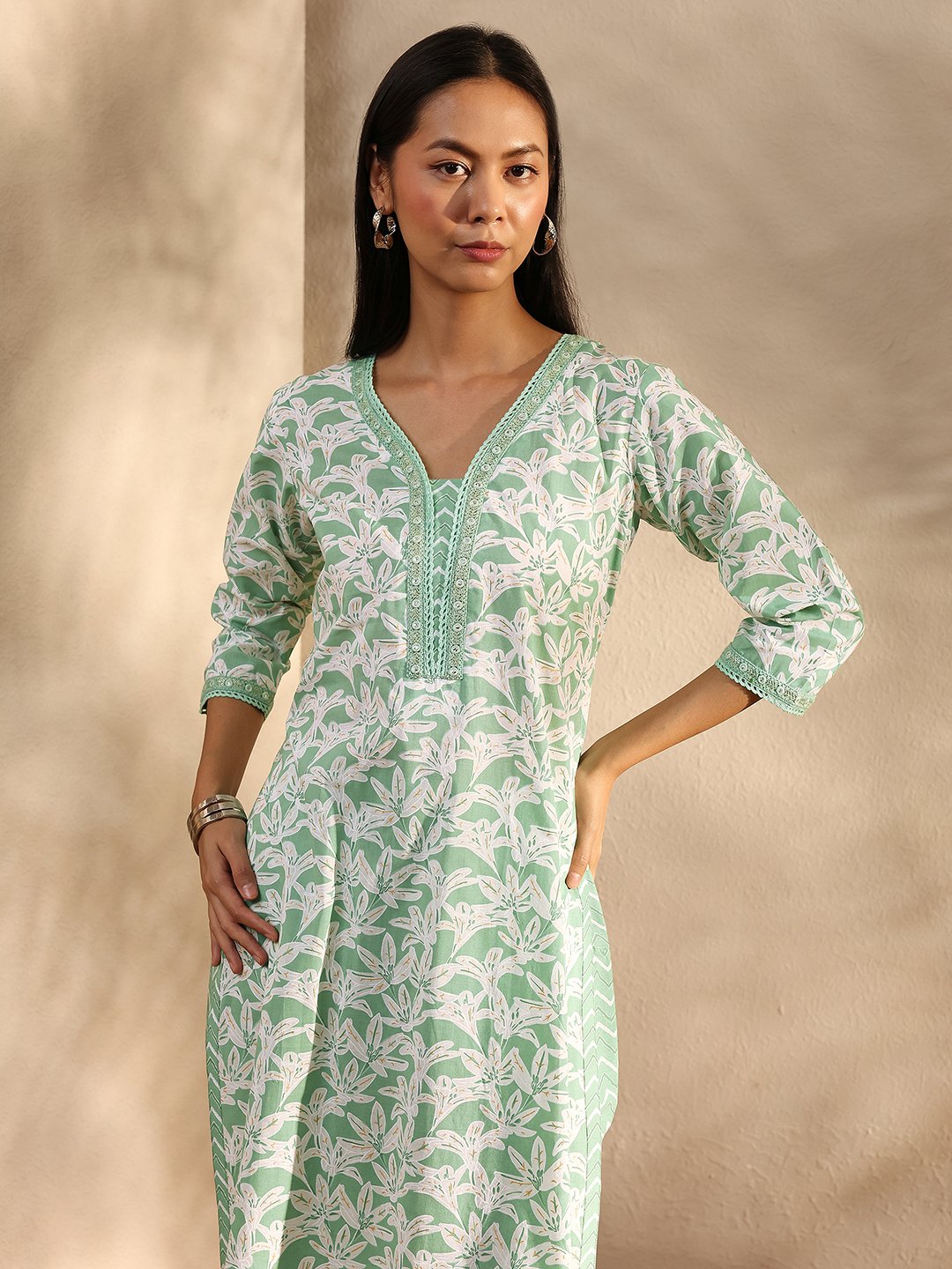 Green Printed Cotton V-Neck Kurta Set with Trousers and Dupatta