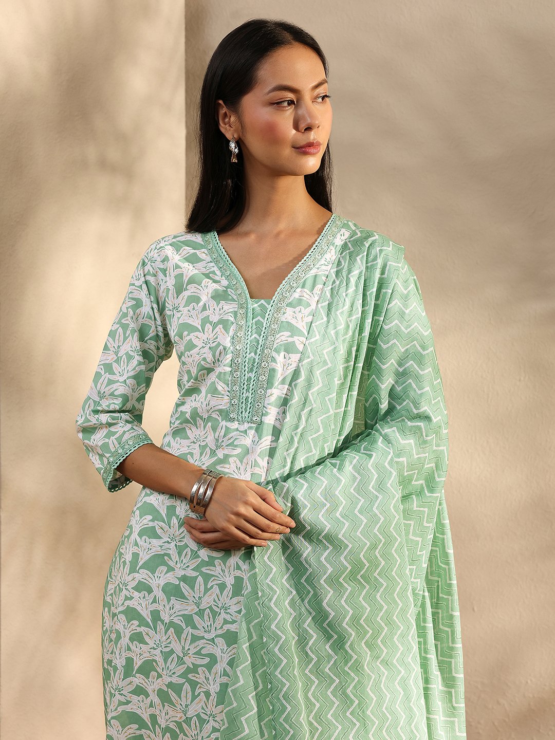 Green Printed Cotton V-Neck Kurta Set with Trousers and Dupatta