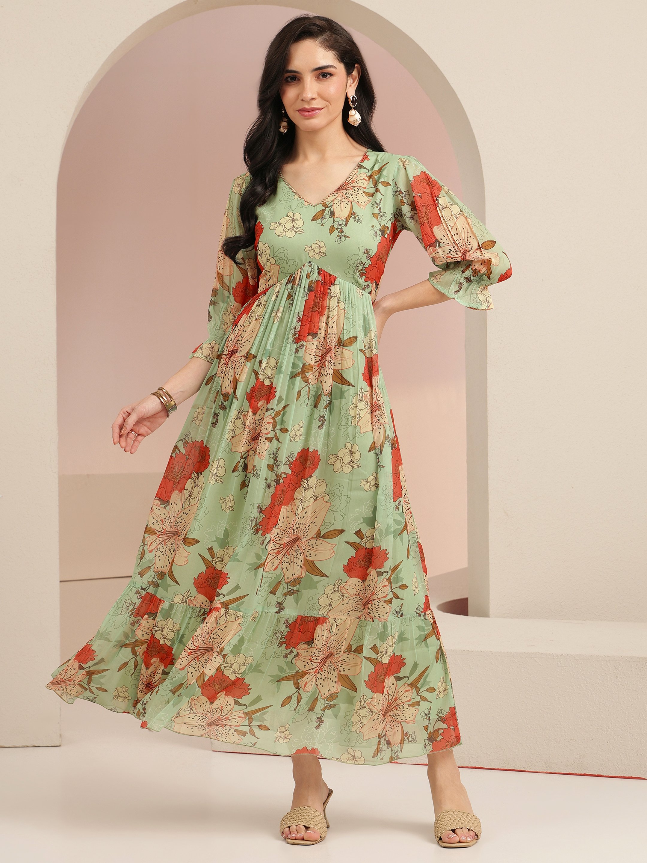 Floral Print A-Line Maxi Dress with 3/4 Sleeves