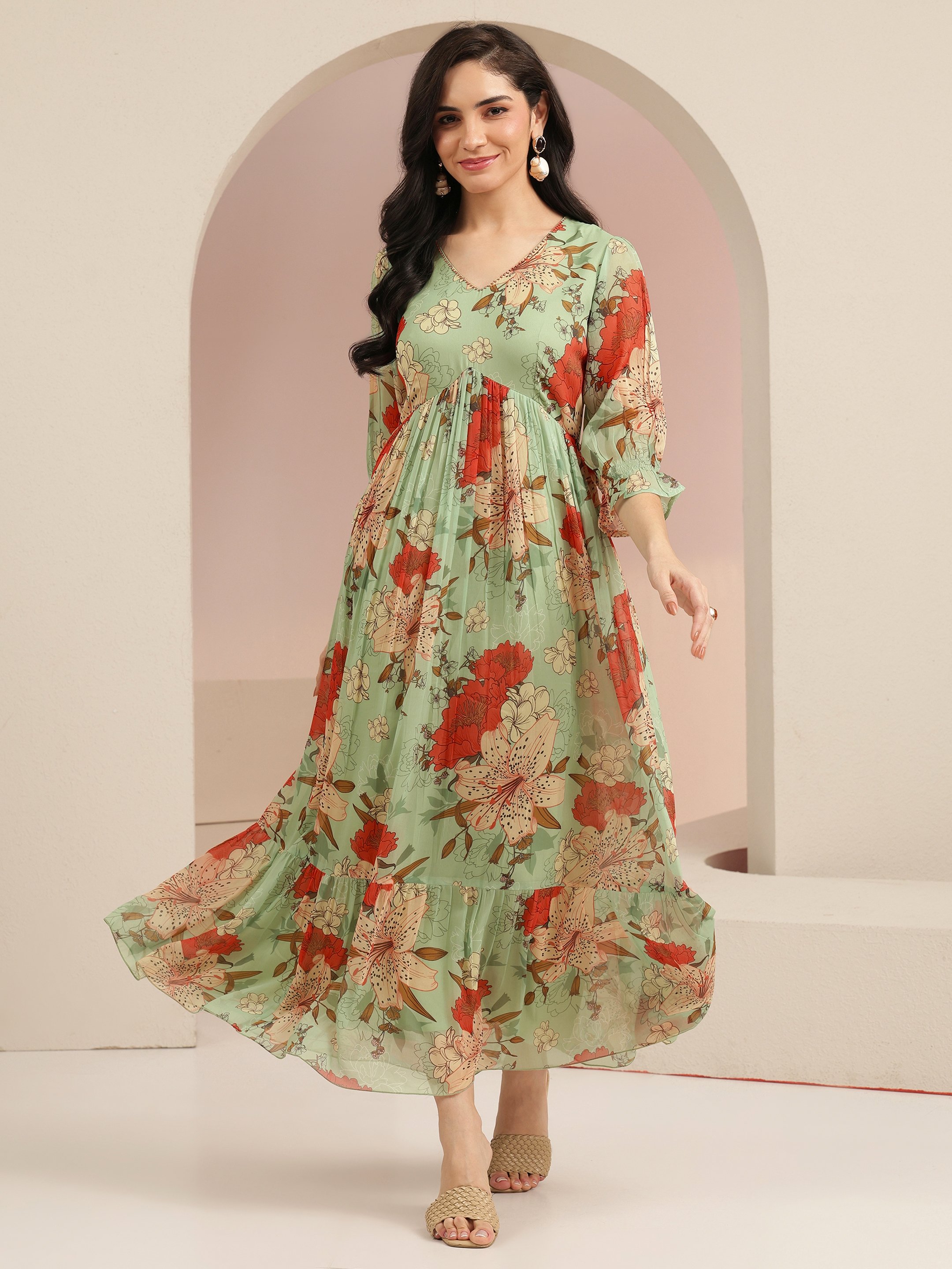 Floral Print A-Line Maxi Dress with 3/4 Sleeves