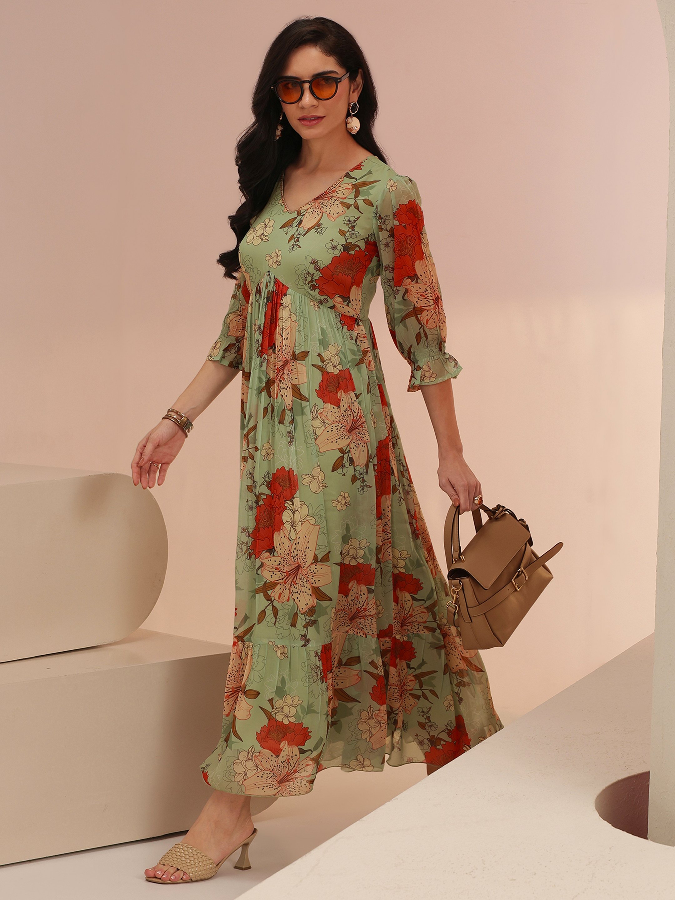 Floral Print A-Line Maxi Dress with 3/4 Sleeves