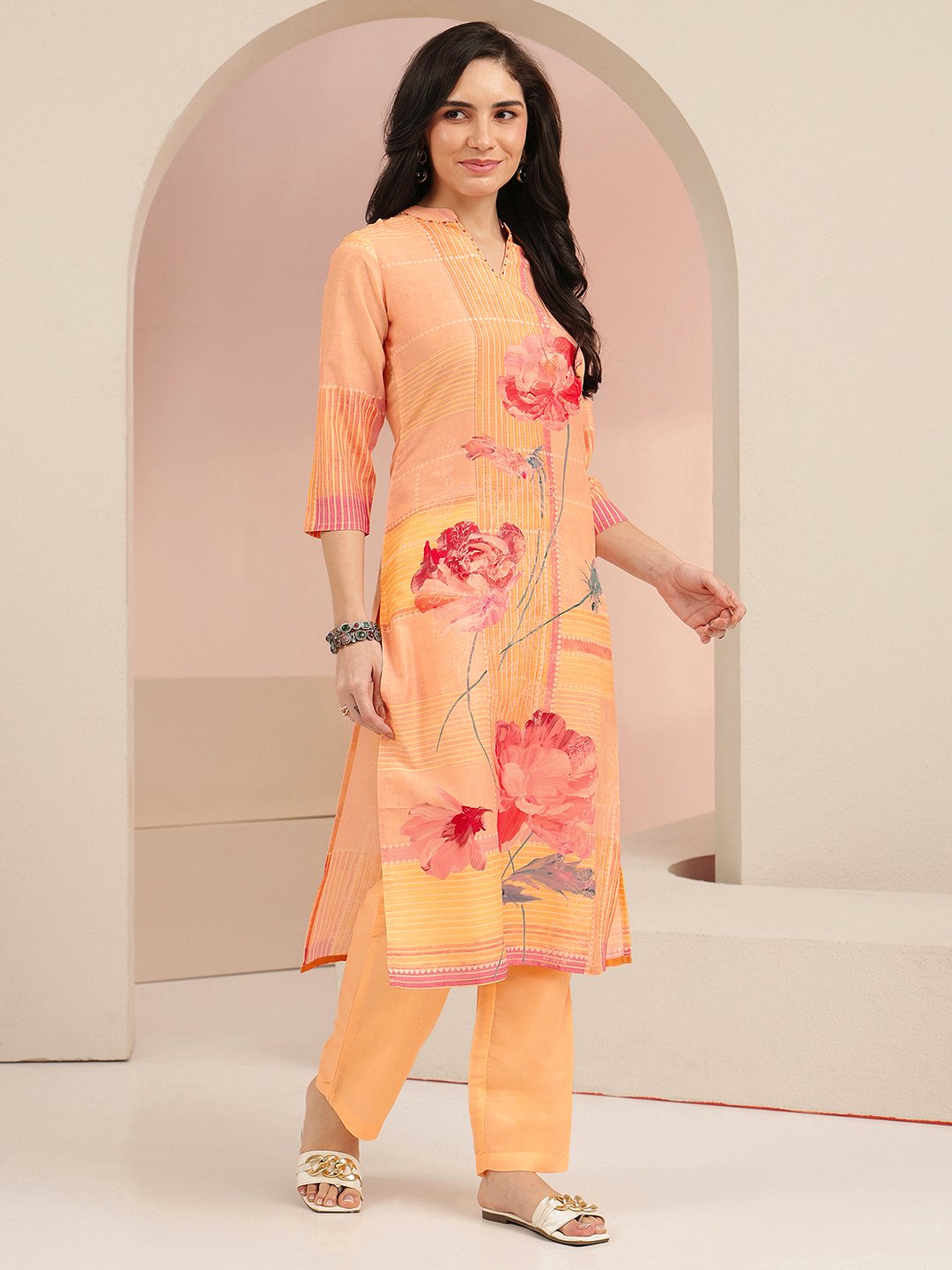 Peach Printed Muslin Straight Kurta Set with Trousers and Dupatta