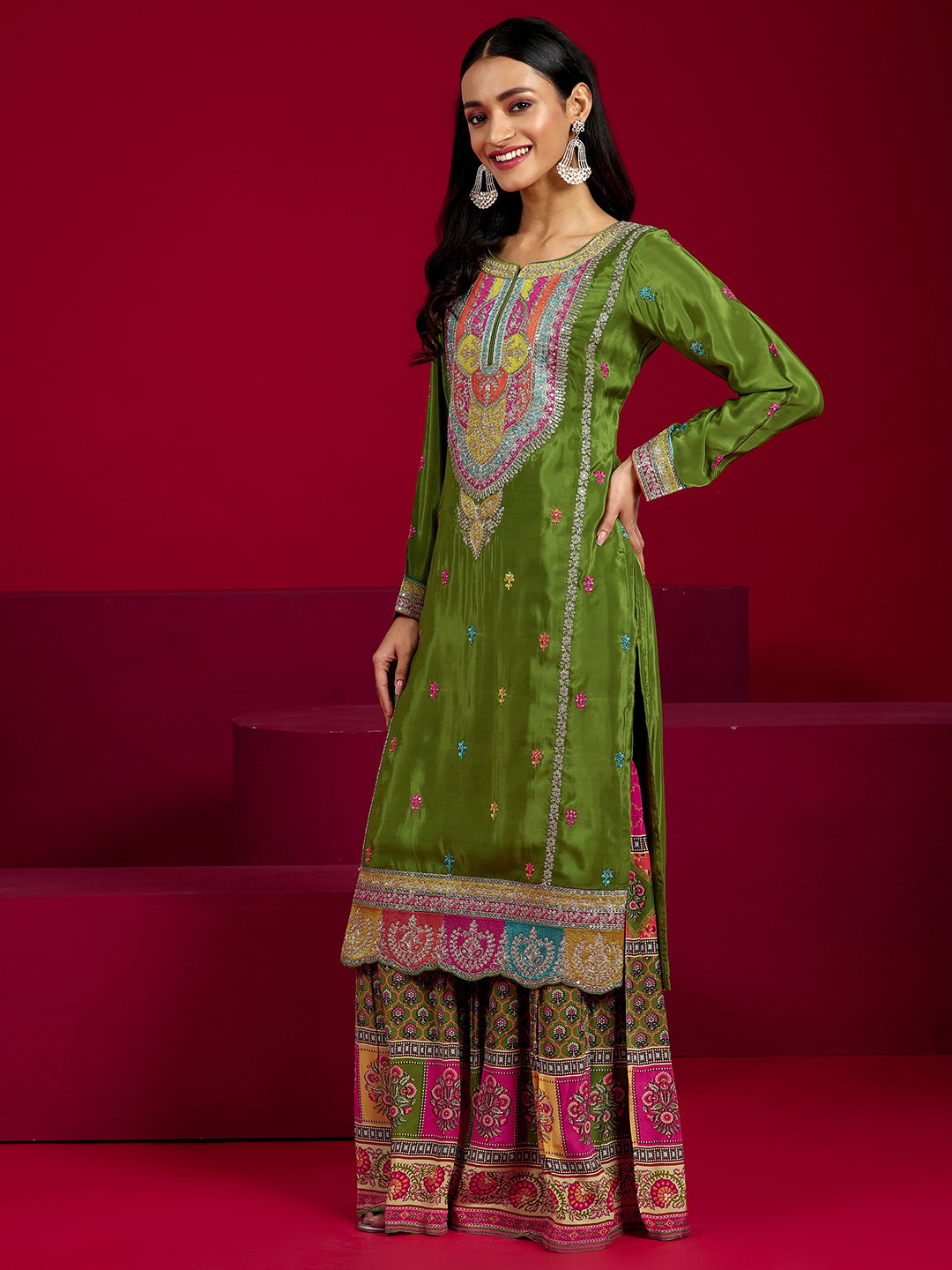 Festive Green Embroidered Silk Blend Kurta Sharara Dupatta Set