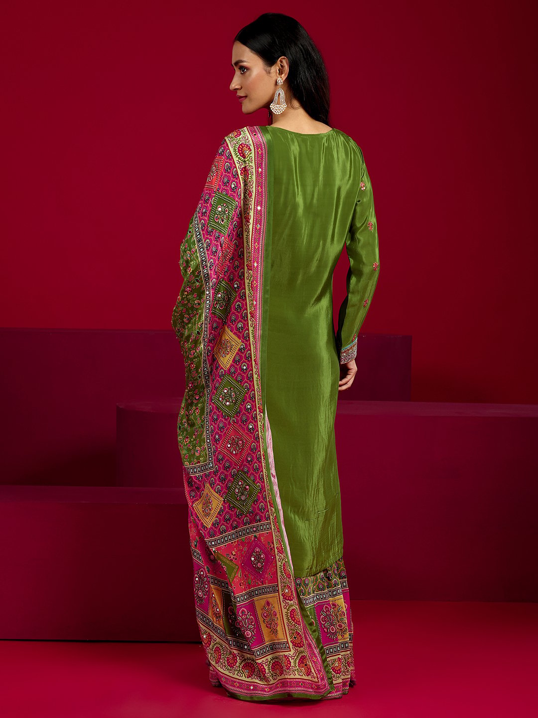 Festive Green Embroidered Silk Blend Kurta Sharara Dupatta Set
