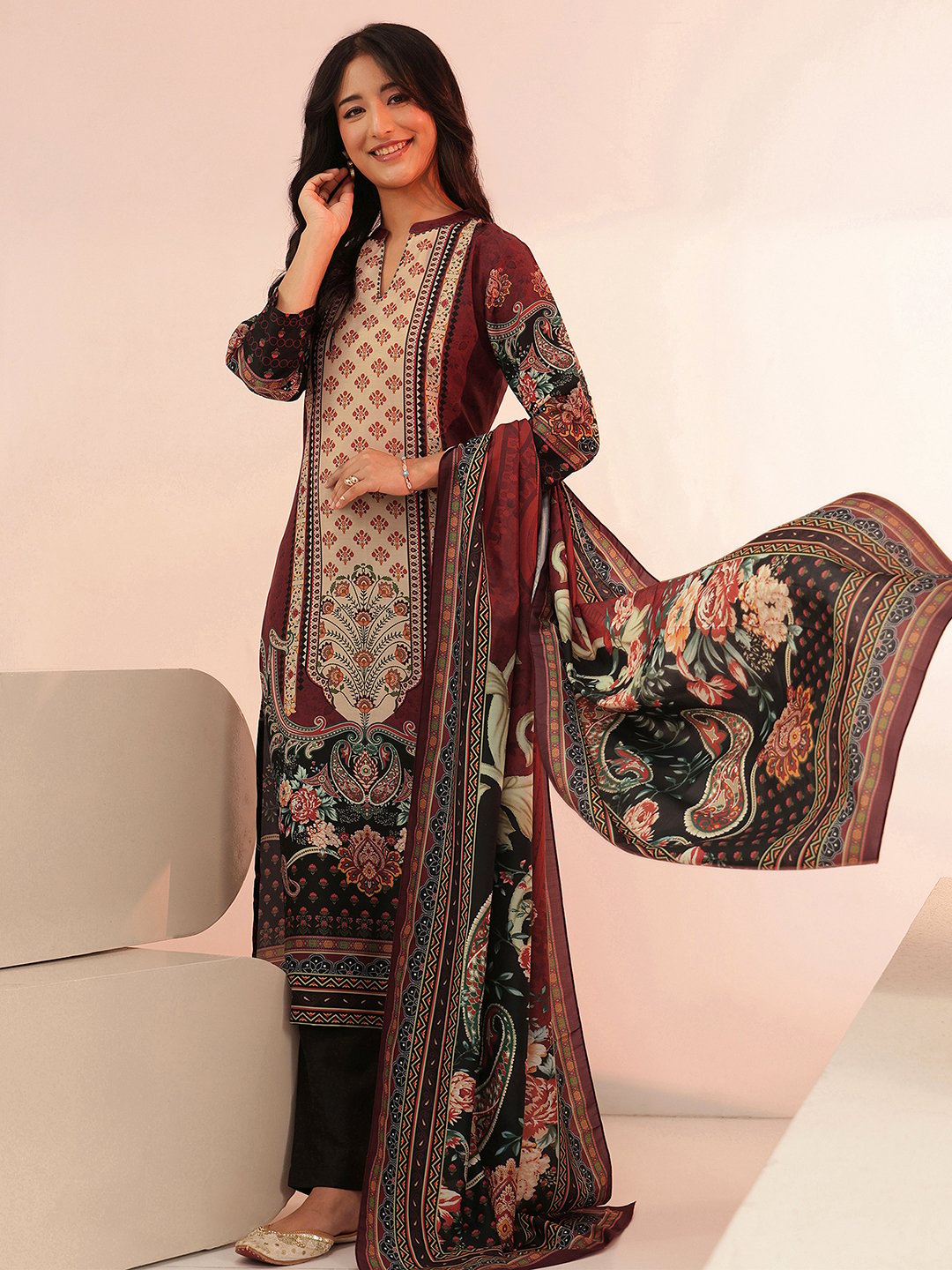 Maroon Printed Muslin Kurta Set with Trousers and Dupatta