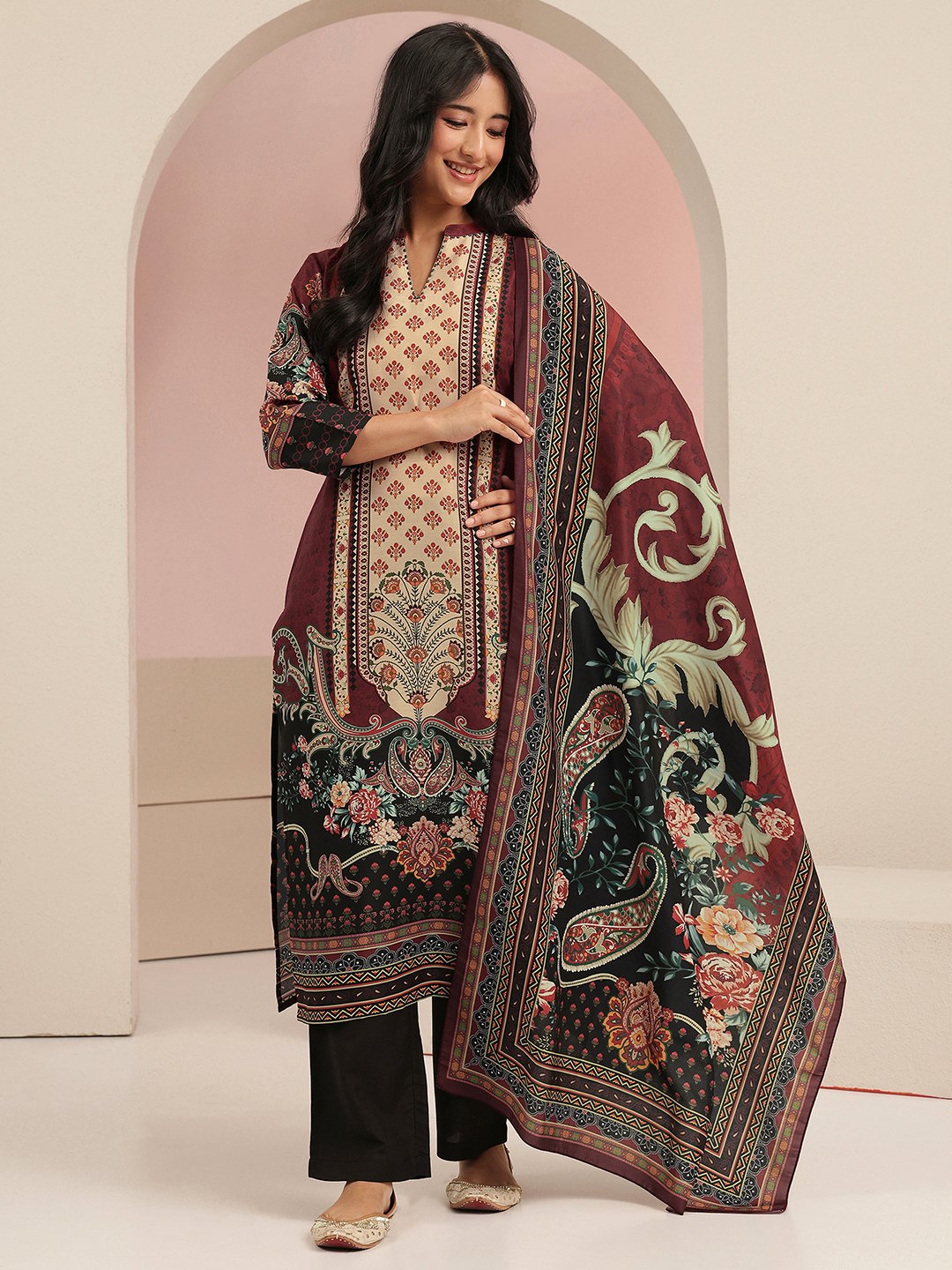 Maroon Printed Muslin Kurta Set with Trousers and Dupatta