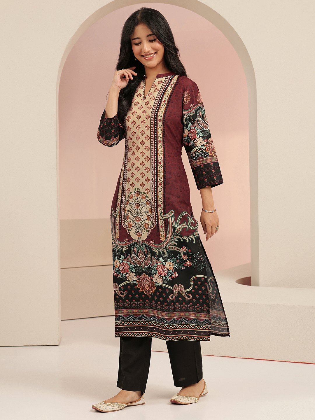 Maroon Printed Muslin Kurta Set with Trousers and Dupatta