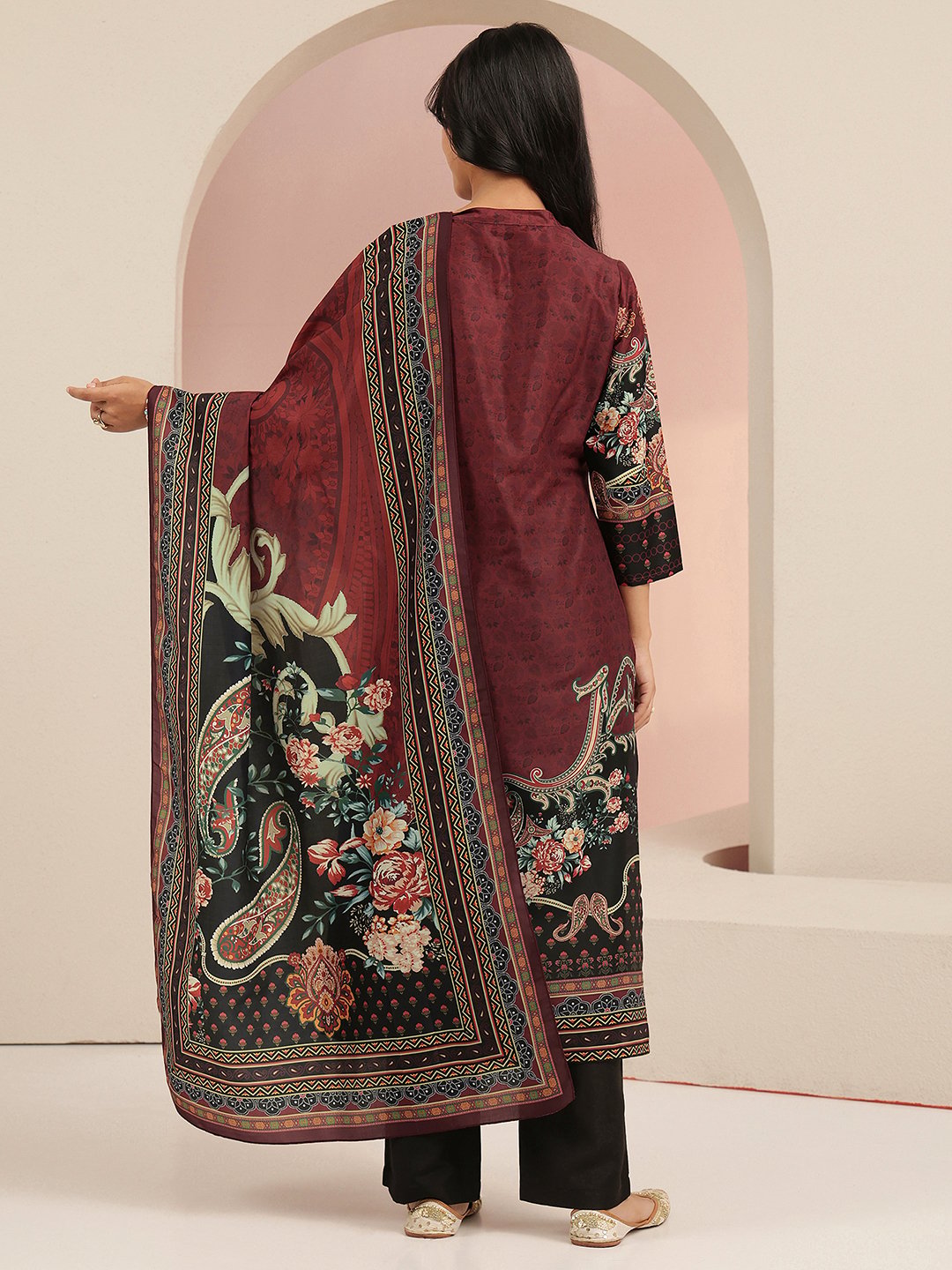 Maroon Printed Muslin Kurta Set with Trousers and Dupatta