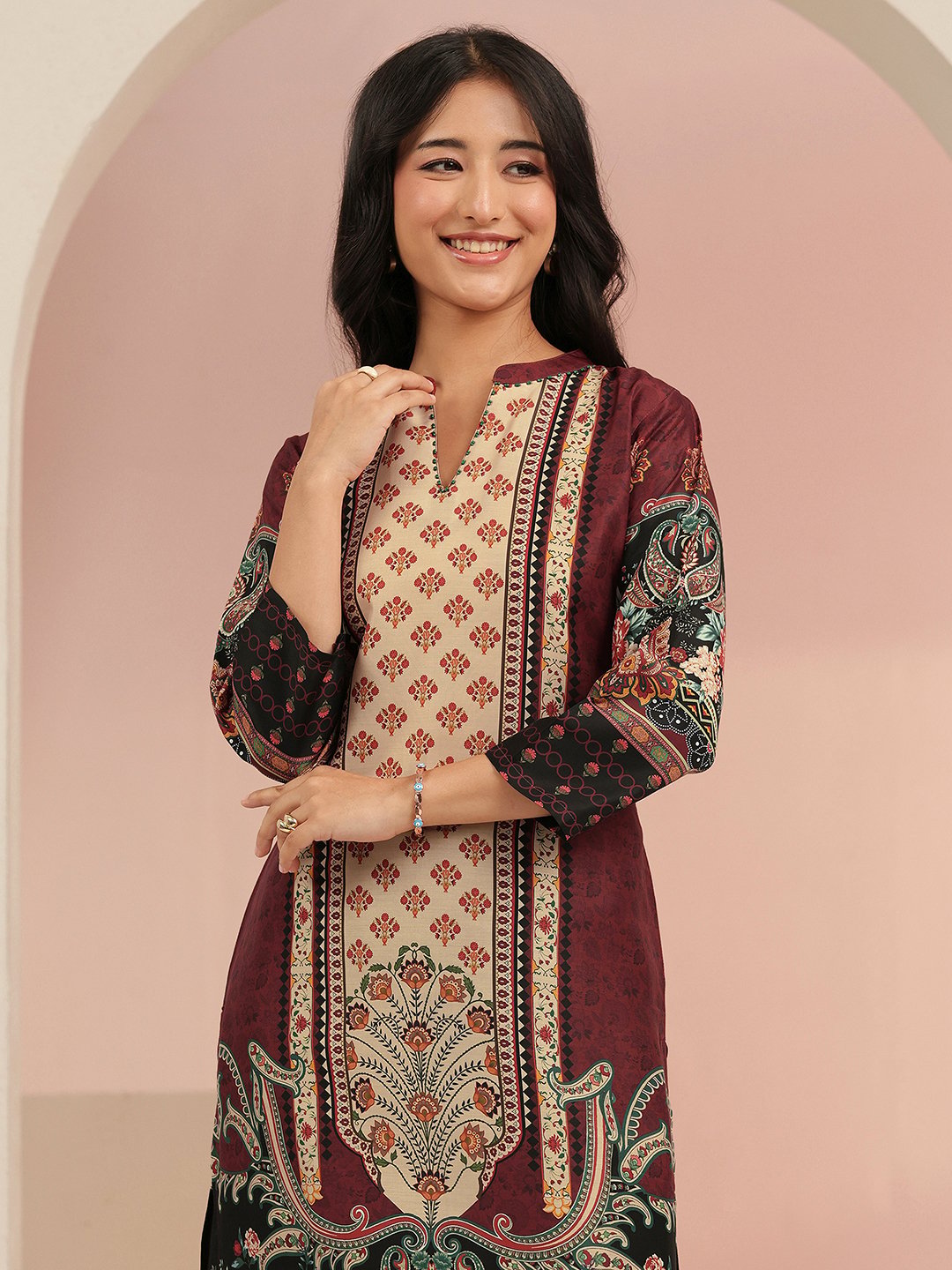 Maroon Printed Muslin Kurta Set with Trousers and Dupatta