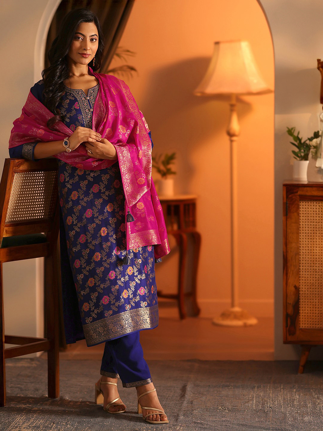 Navy Blue Silk Blend Kurta Set with Woven Design and Dupatta